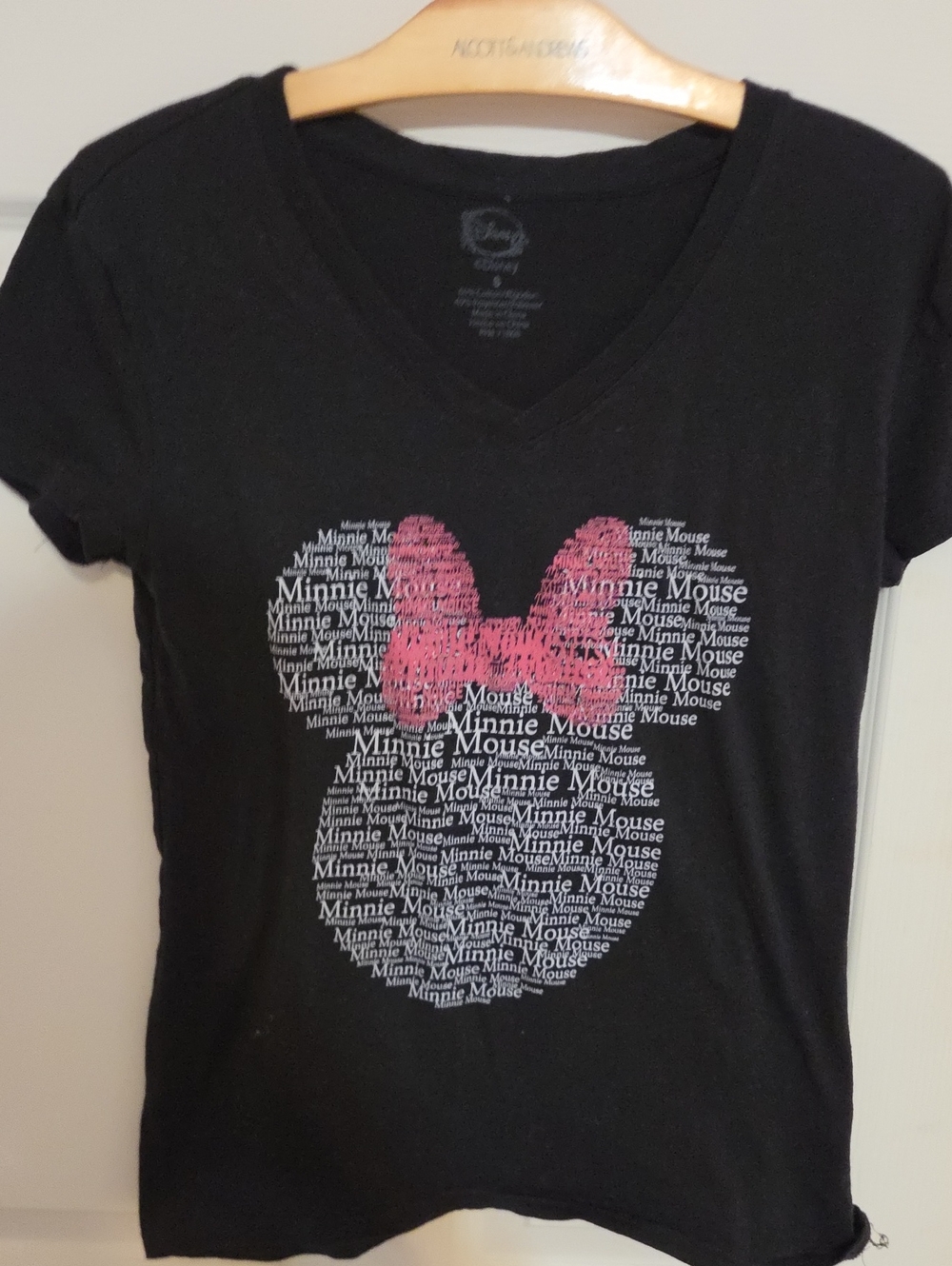 Disney Black V-Neck Tee with Pink Minnie Bow Graphic